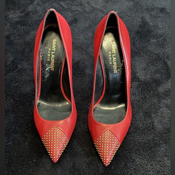 Saint Laurent Red Leather Studded Pointed Toe Pumps size 37 - Picture 5 of 7